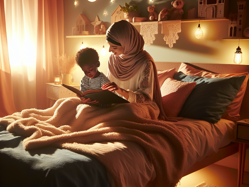 Pai lendo uma história para o filho antes de dormir
