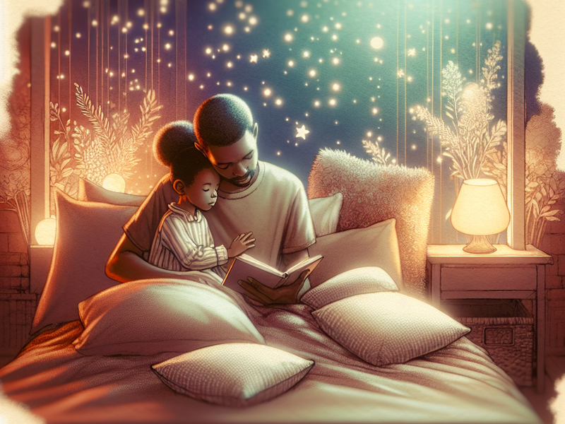 Criança deitada na cama ouvindo uma história