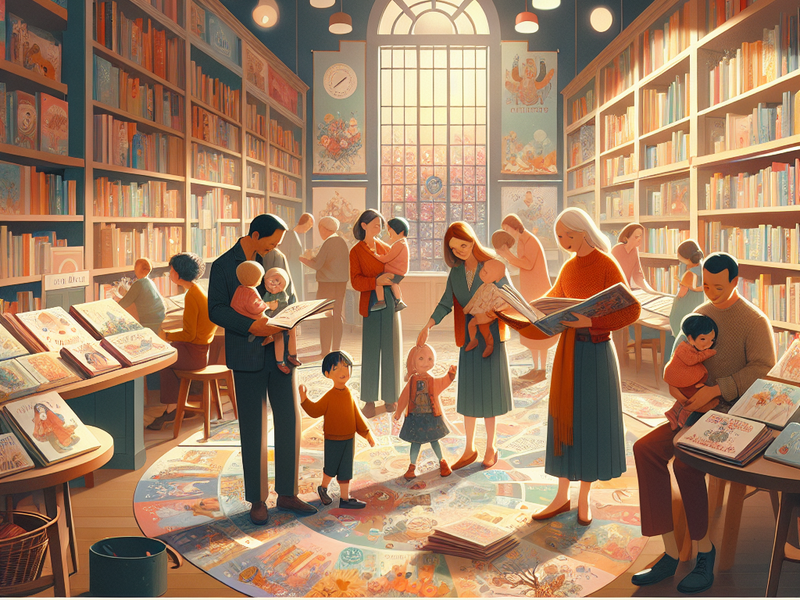Pais e filhos escolhendo livros ilustrados em uma biblioteca