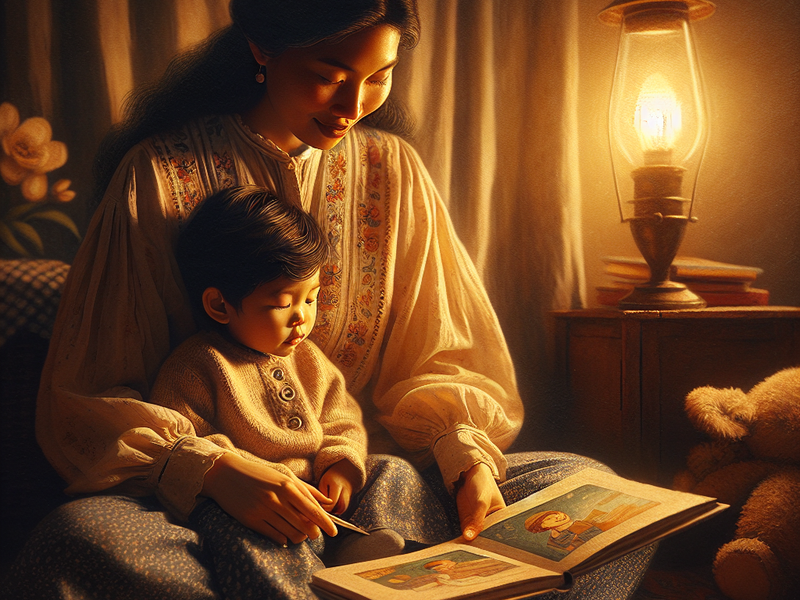 Mãe lendo livro com criança em um ambiente acolhedor